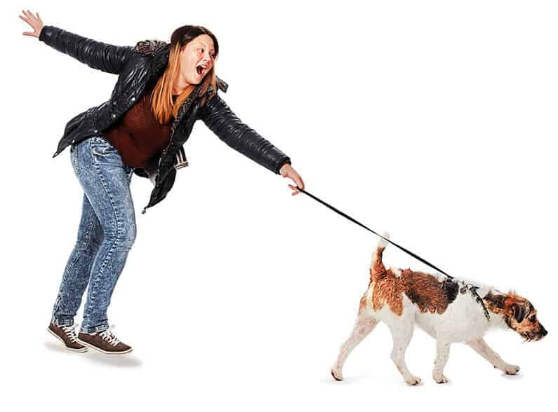 Girl being pulled by her dog on a leash