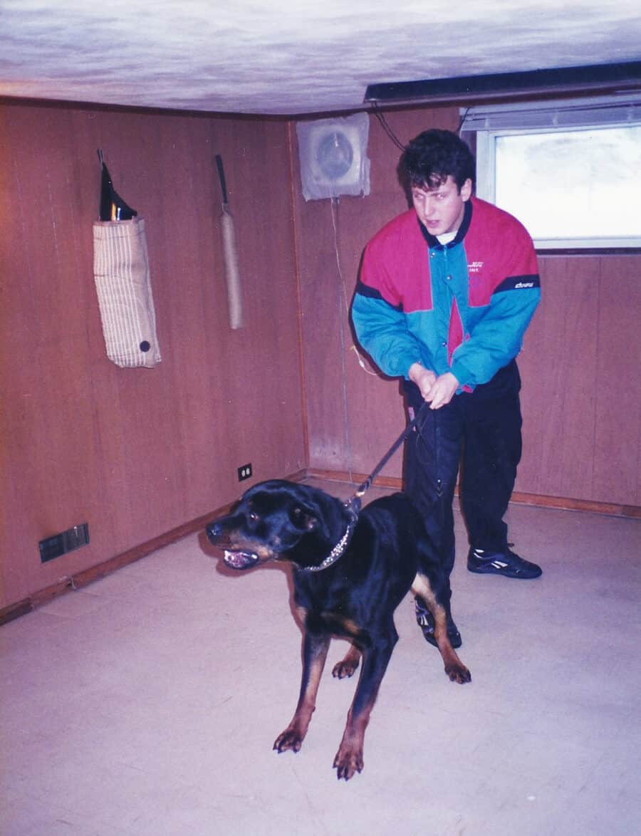 Man and his dog on a leash participating in private dog training at TorontoK9Center.com