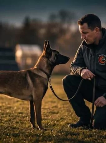 Personal Protection Dog Selection Criteria  – Professional dog trainer from Toronto K9 Center working with a Belgian Malinois during personal protection dog training at sunset in Whitby Ontario.